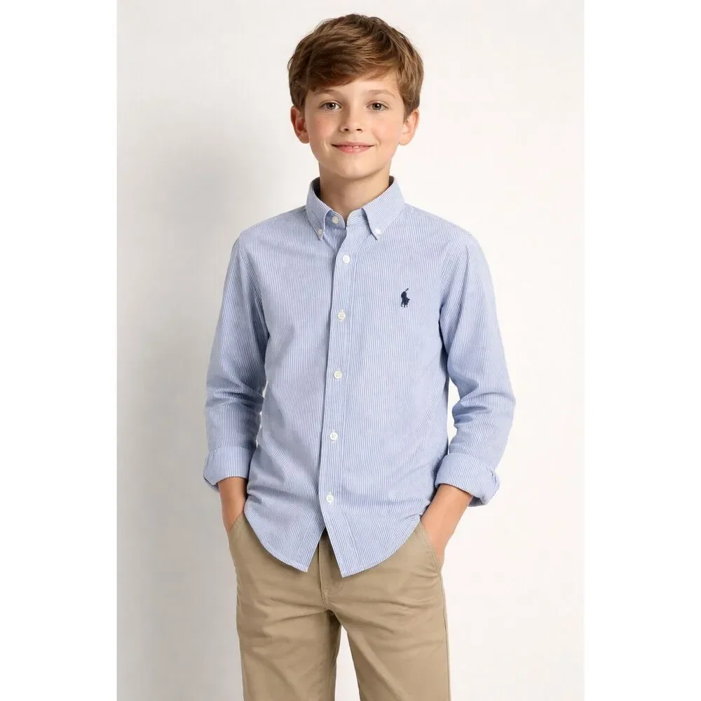Ralph Lauren Boys Blue Stripe Button Down Shirt Cotton M 10-12